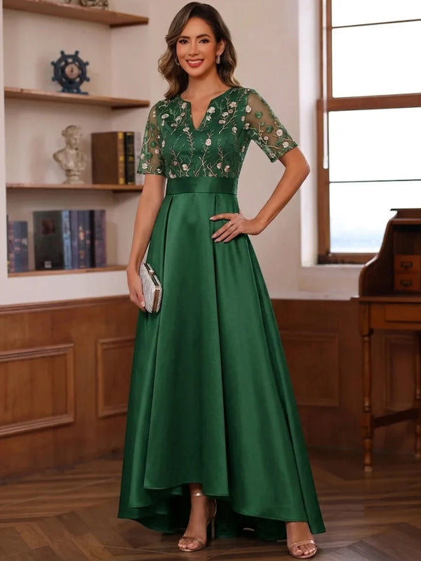 A-Line/Princess V-Neck Satin Mother of the Bride Dresses Lace Embroidery Tea-Length High-Low Short Sleeves