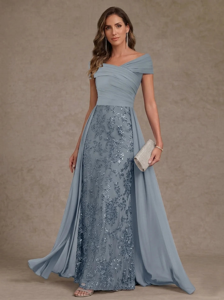 A-Line/Princess Chiffon Off-the-Shoulder Mother of the Bride Dresses with Overskirt Floor-Length Sleeveless Sequins Floral