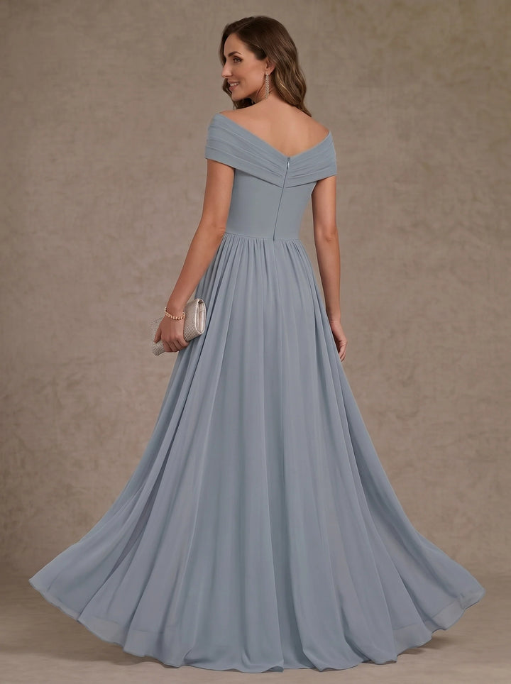 A-Line/Princess Chiffon Off-the-Shoulder Mother of the Bride Dresses with Overskirt Floor-Length Sleeveless Sequins Floral