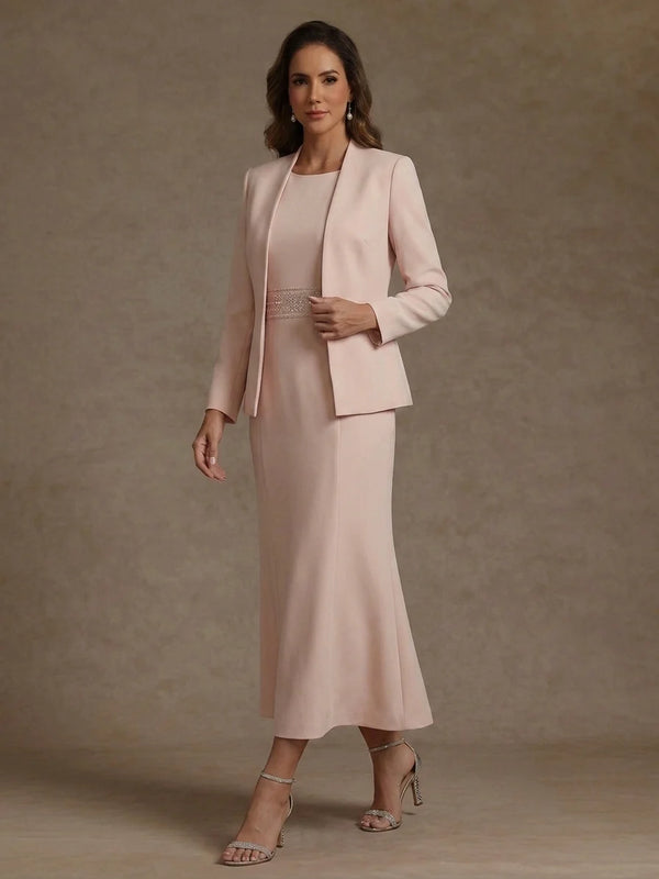 2 Pieces Sheath/Column Scoop Stretch Satin Mother of the Bride Dresses with Jacket Long Sleeves Tea-Length Sash