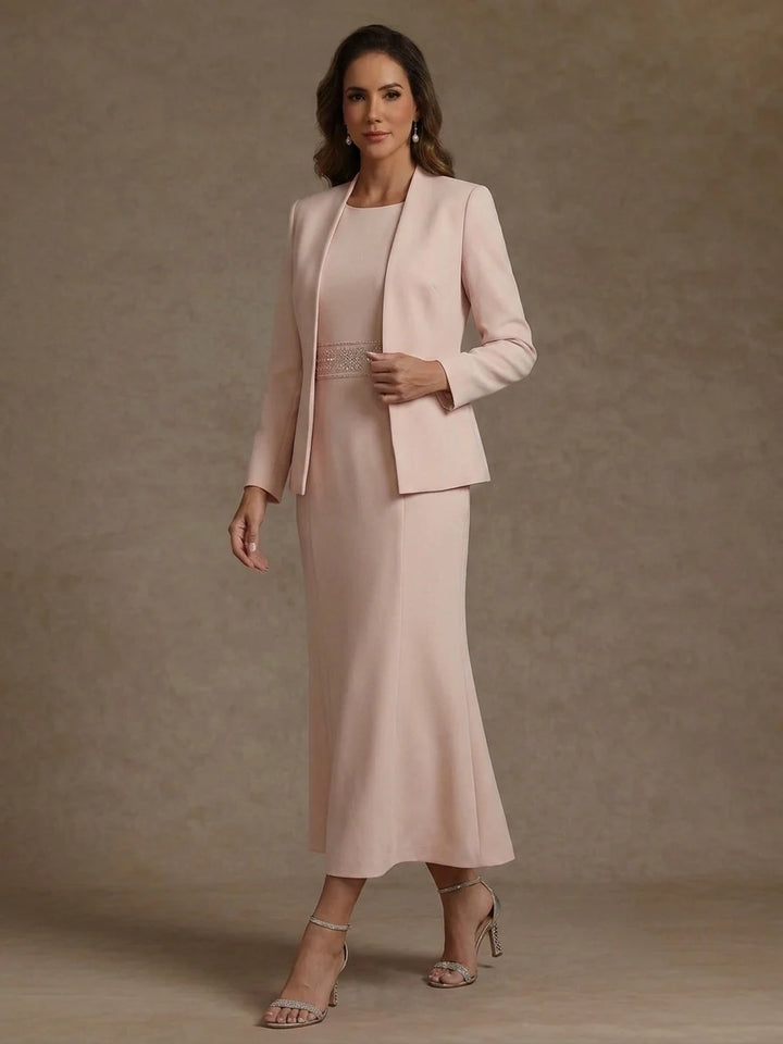 2 Pieces Sheath/Column Scoop Stretch Satin Mother of the Bride Dresses with Jacket Long Sleeves Tea-Length Sash