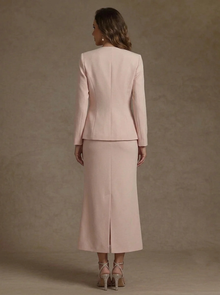2 Pieces Sheath/Column Scoop Stretch Satin Mother of the Bride Dresses with Jacket Long Sleeves Tea-Length Sash