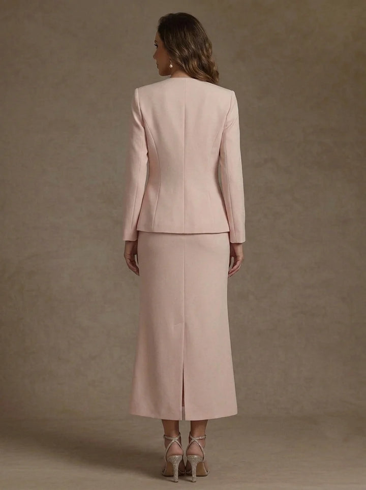 2 Pieces Sheath/Column Scoop Stretch Satin Mother of the Bride Dresses with Jacket Long Sleeves Tea-Length Sash