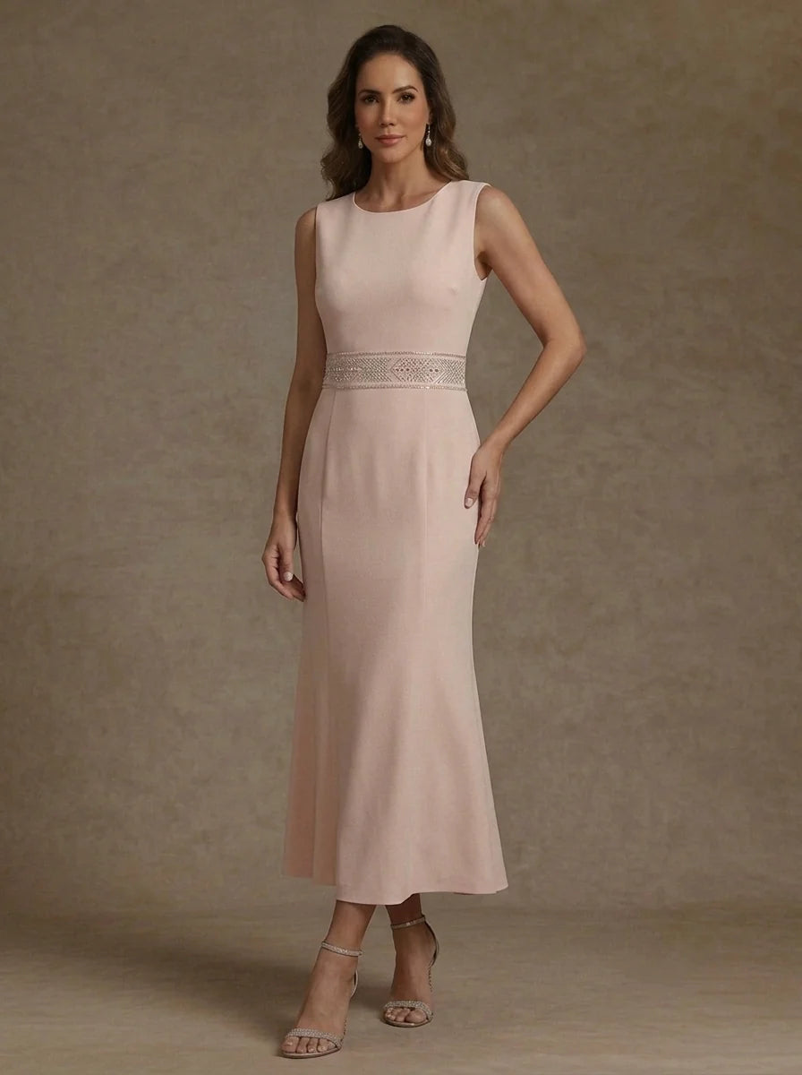2 Pieces Sheath/Column Scoop Stretch Satin Mother of the Bride Dresses with Jacket Long Sleeves Tea-Length Sash