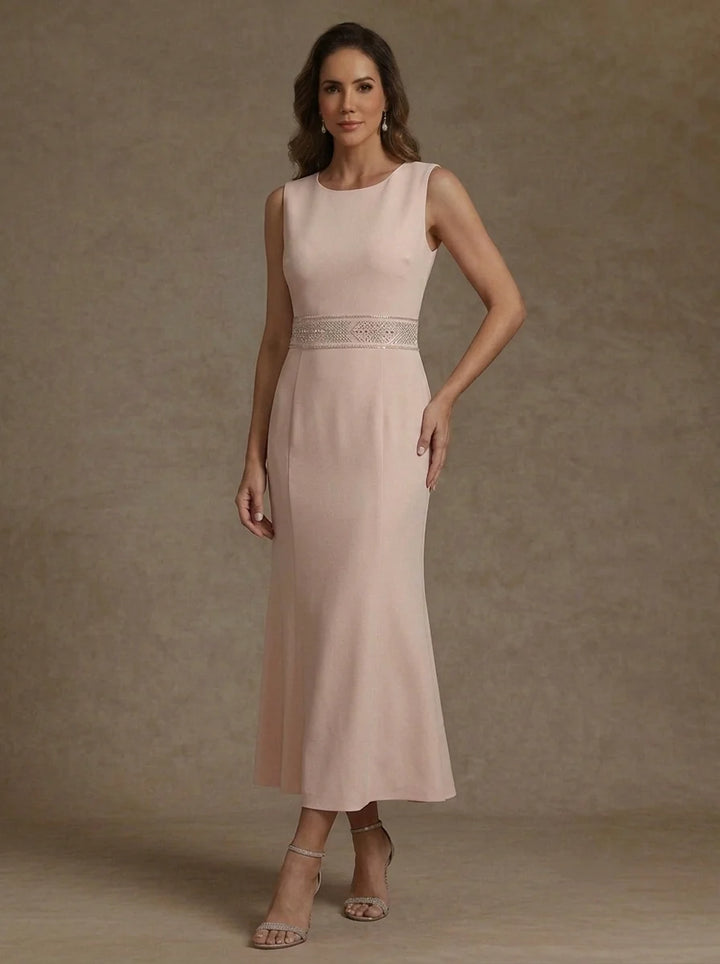 2 Pieces Sheath/Column Scoop Stretch Satin Mother of the Bride Dresses with Jacket Long Sleeves Tea-Length Sash