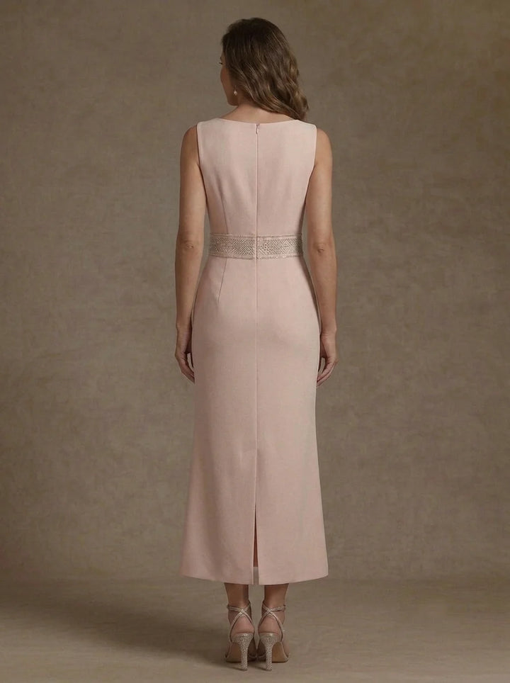 2 Pieces Sheath/Column Scoop Stretch Satin Mother of the Bride Dresses with Jacket Long Sleeves Tea-Length Sash