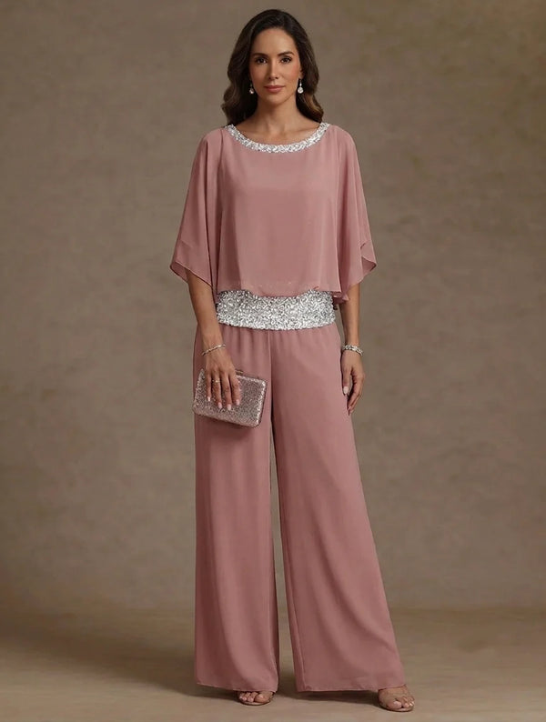 2 Pieces Chiffon Scoop Mother of the Bride Pantsuits Floor-Length Sequins 3/4 Sleeves