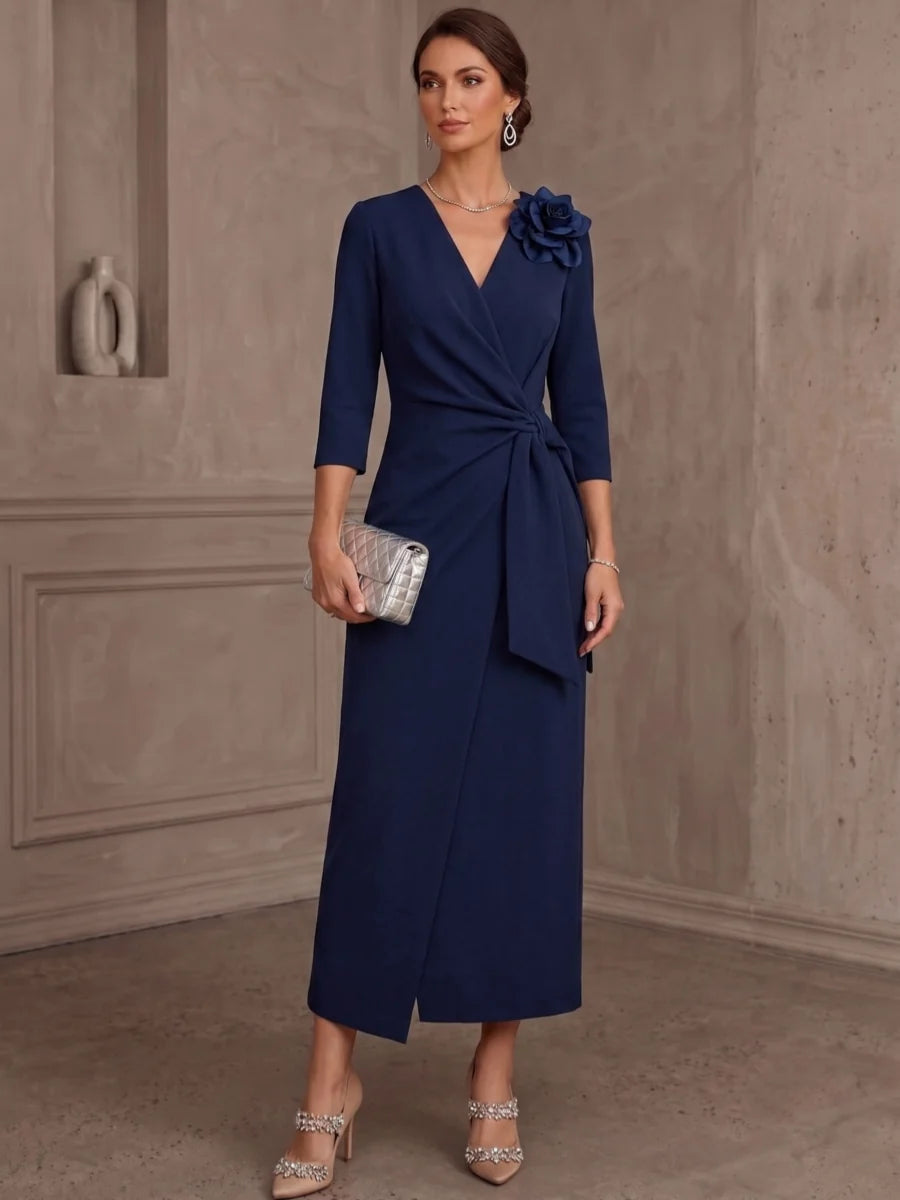 A-Line/Princess V-Neck Stretch Satin Mother of the Bride Dresses with 3D Flower Tea-Length 3/4 Sleeves Ruched