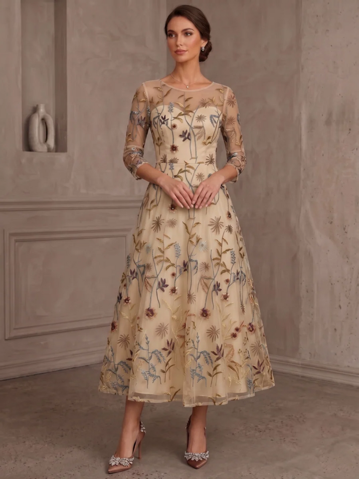 A-Line/Princess Scoop Lace Embroidery Mother of the Bride Dresses Floral Tea-Length 3/4 Sleeves