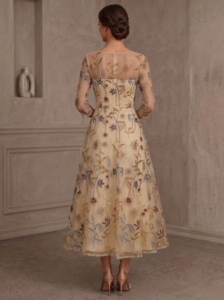 A-Line/Princess Scoop Lace Embroidery Mother of the Bride Dresses Floral Tea-Length 3/4 Sleeves