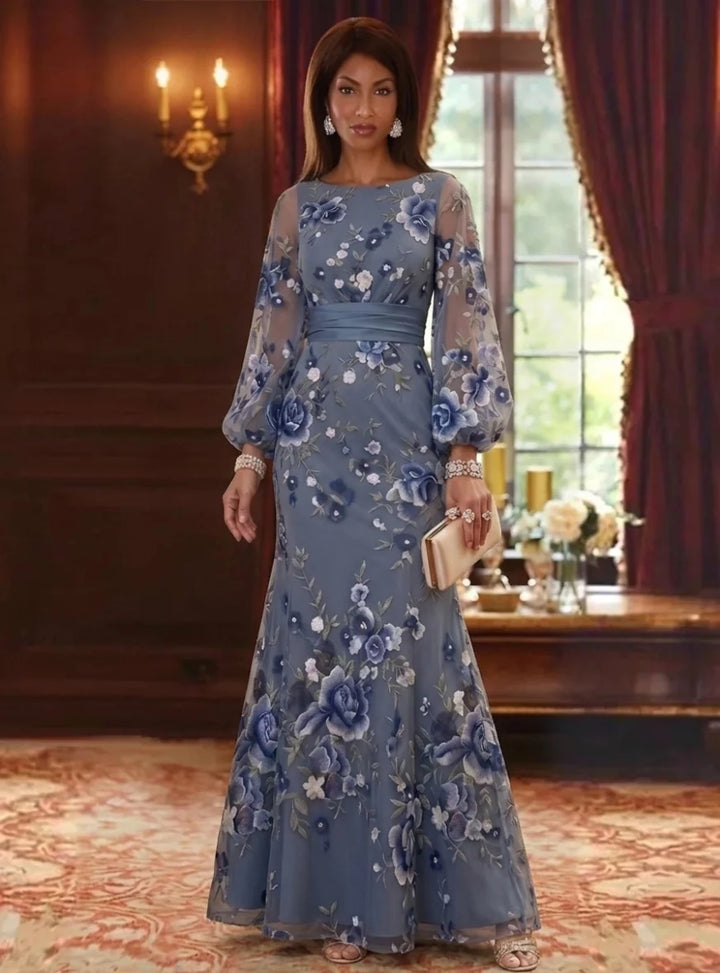 Trumpet/Mermaid Scoop Chiffon Floral Mother of the Bride Dresses Floor-Length Long Puff Sleeves