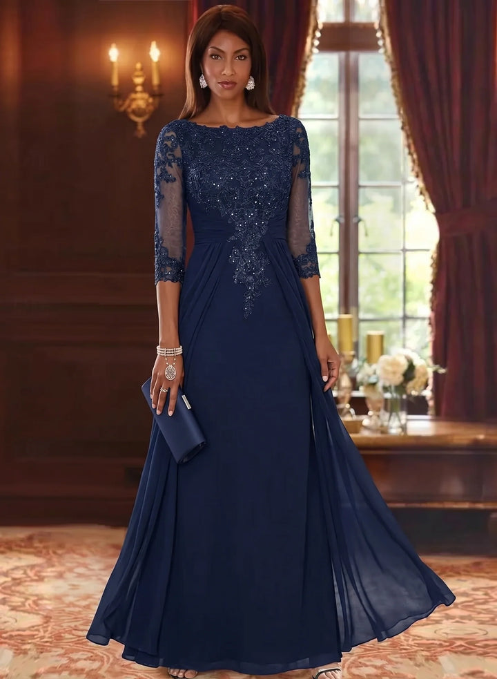 A-Line/Princess Scoop Chiffon Mother of the Bride Dresses with Overskirt Lace Sequins 3/4 Sleeves Floor-Length