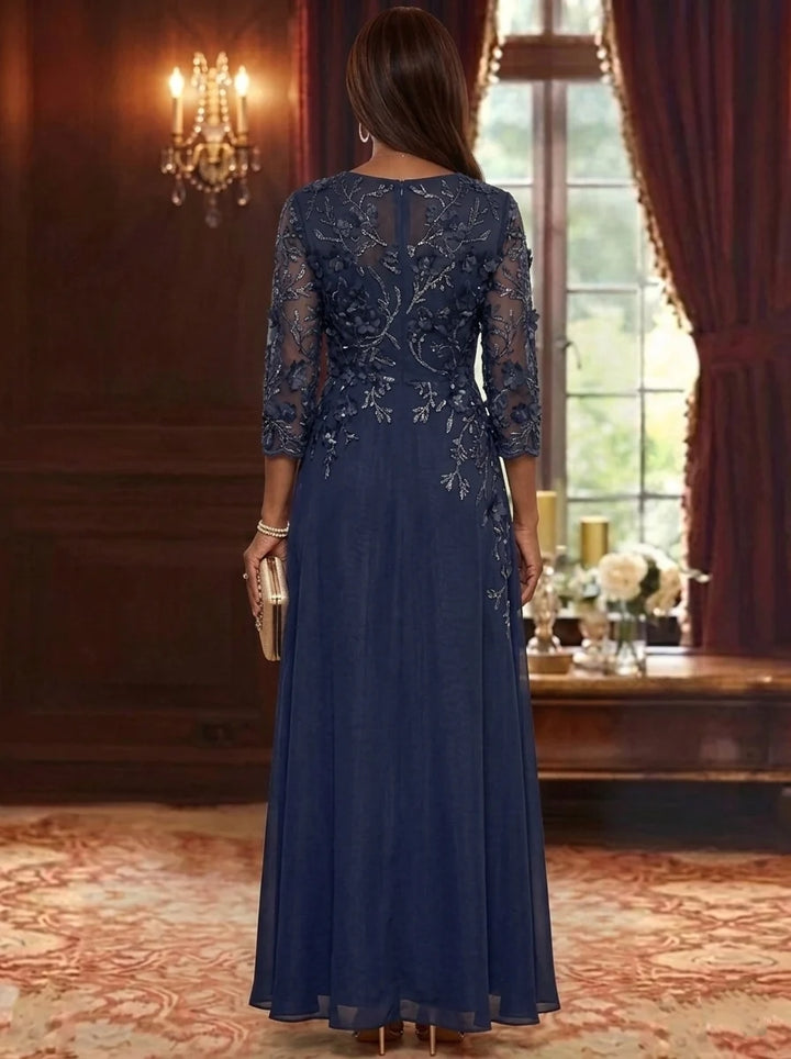 A-Line/Princess V-Neck Chiffon Mother of the Bride Dresses Lace Floral 3/4 Sleeves Ruffles Floor-Length