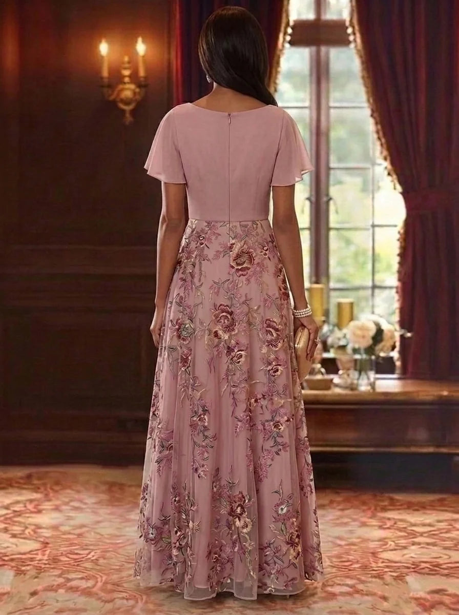 A-Line/Princess V-Neck Chiffon Mother of the Bride Dresses Lace Floral Short Puff Sleeves Floor-Length