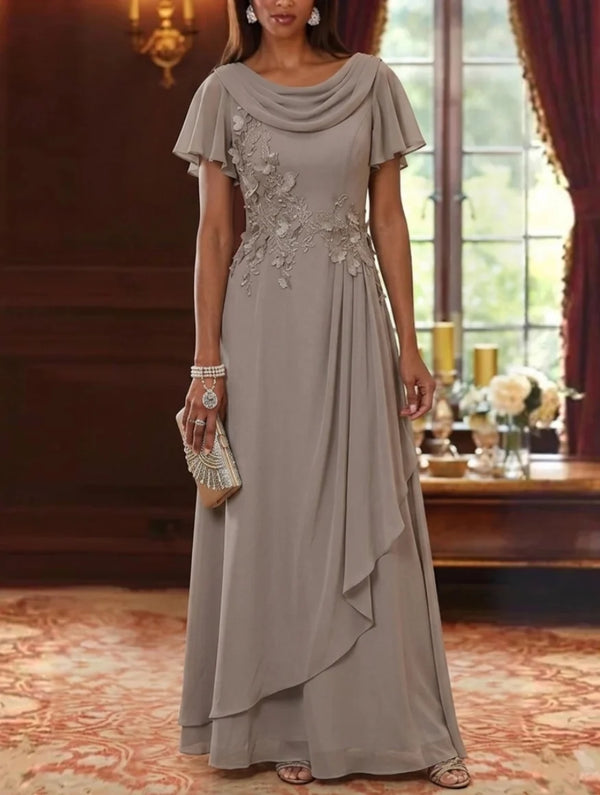 A-Line/Princess Cowl Neck Chiffon Mother of the Bride Dresses Floral Short Sleeves Floor-Length Ruffles
