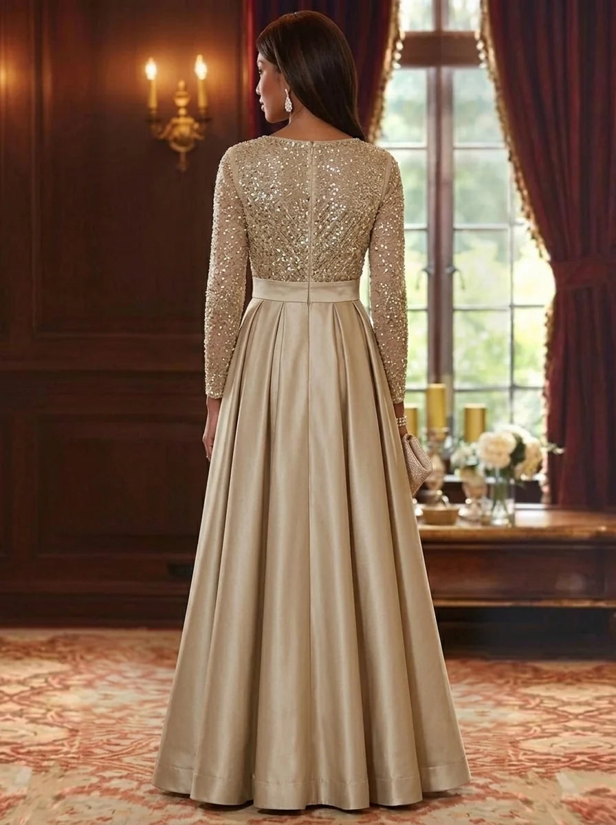A-Line/Princess V-Neck Satin Mother of the Bride Dresses Sequins Long Sleeves Floor-Length