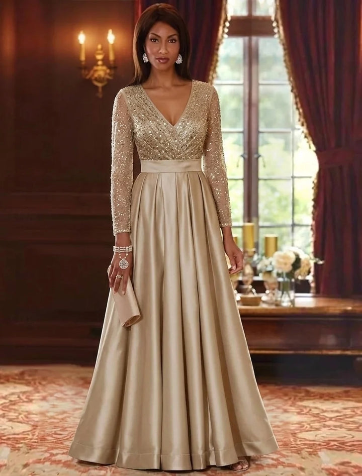A-Line/Princess V-Neck Satin Mother of the Bride Dresses Sequins Long Sleeves Floor-Length