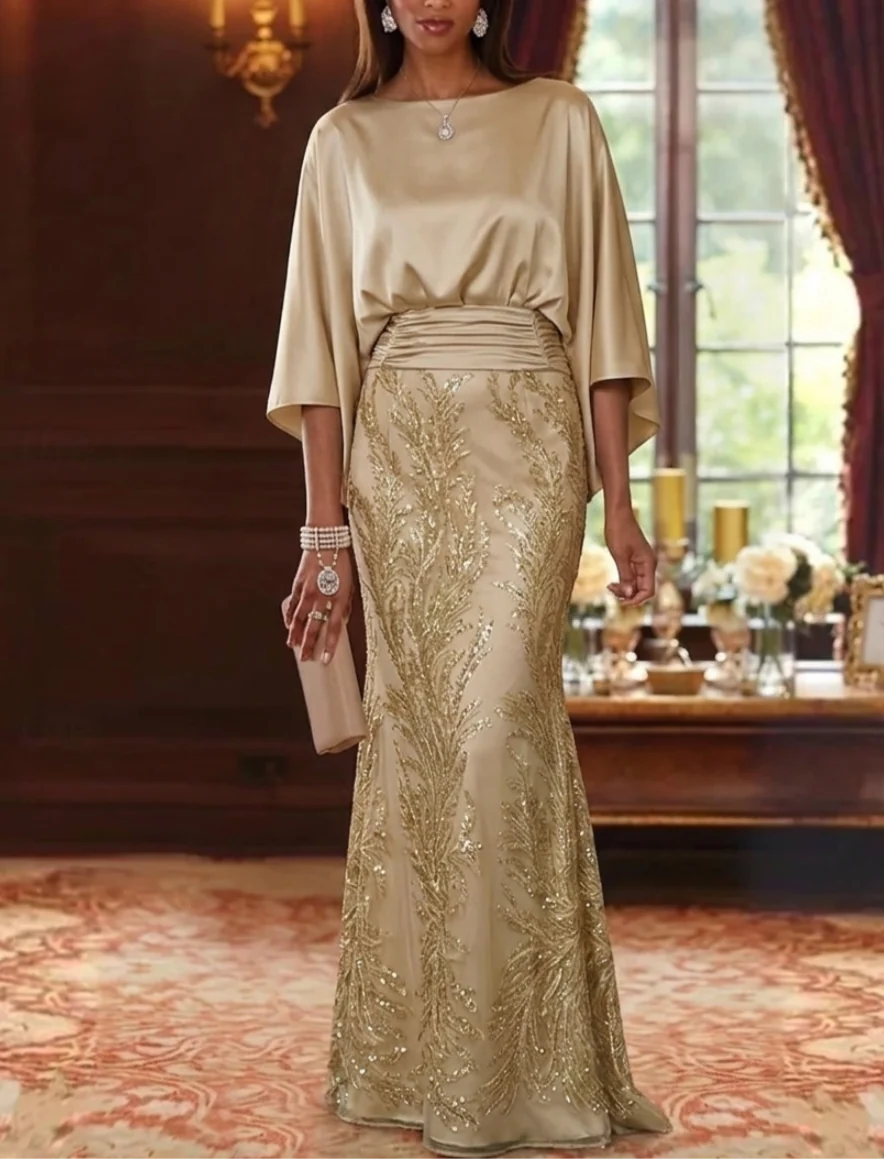 Sheath/Column Boat Neck Silk Satin Mother of the Bride Dresses Sequins 3/4 Sleeves Floor-Length