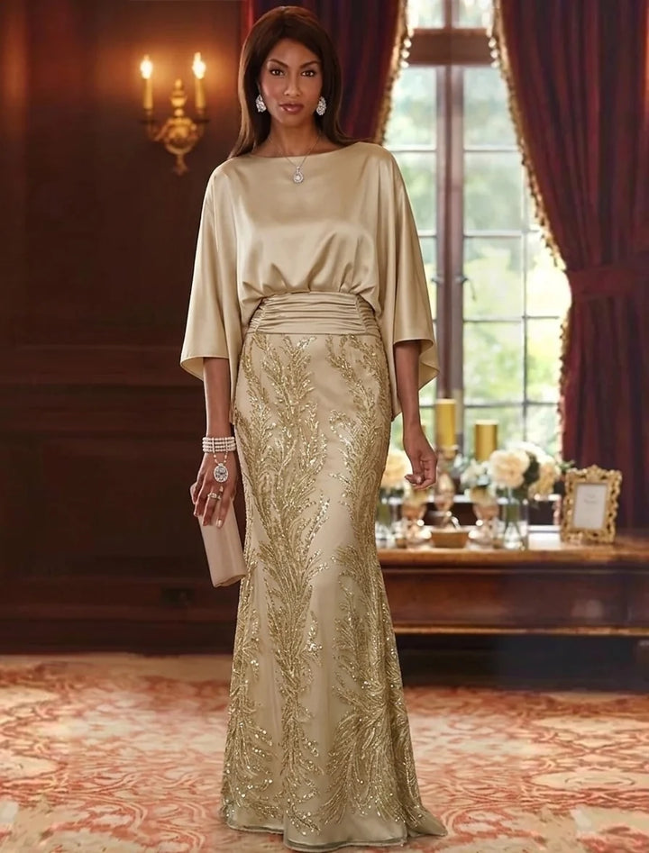 Sheath/Column Boat Neck Silk Satin Mother of the Bride Dresses Sequins 3/4 Sleeves Floor-Length