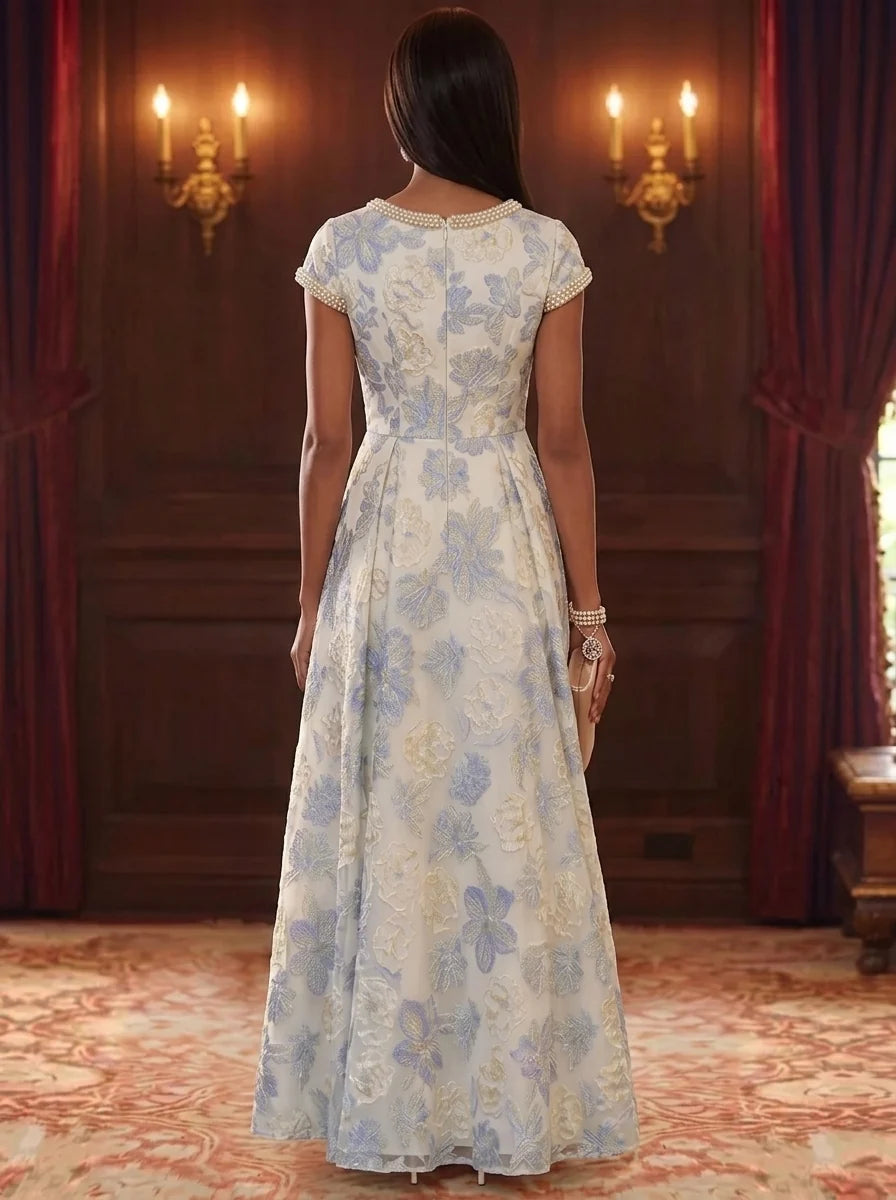 A-Line/Princess Scoop Floral Mother of the Bride Dresses Floor-Length Cap Sleeves Pearl Beading