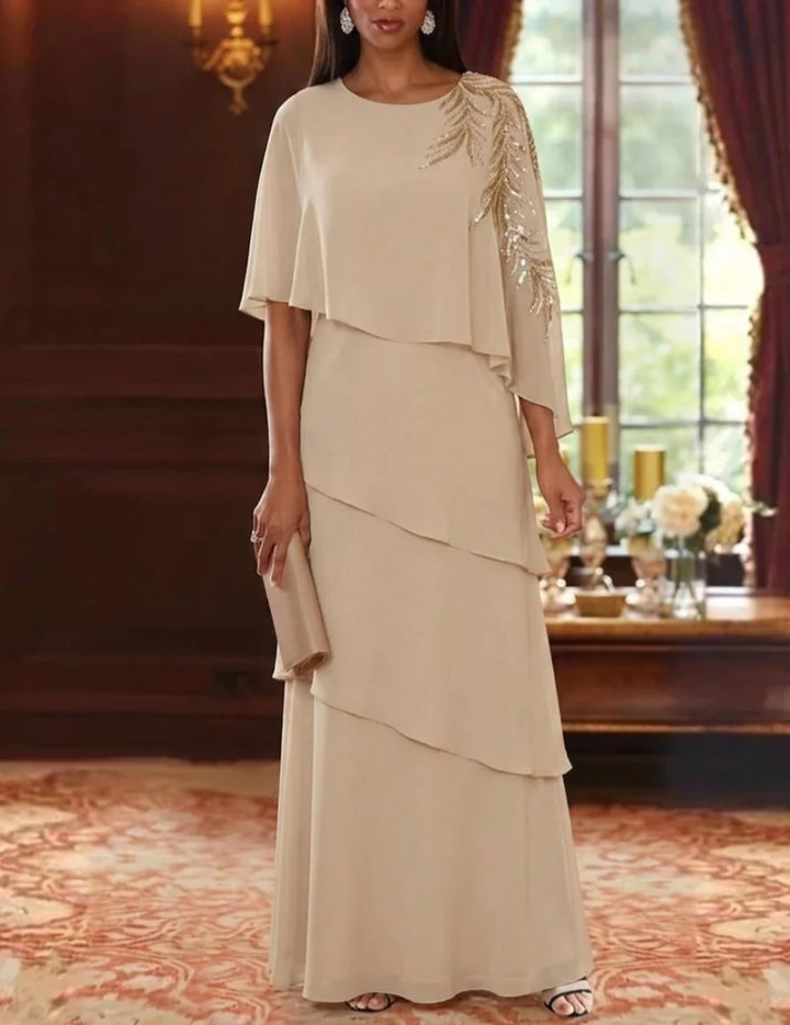 A-Line/Princess Scoop Chiffon Mother of the Bride Dresses Lace Sequins Cape Sleeves Ruffles Floor-Length