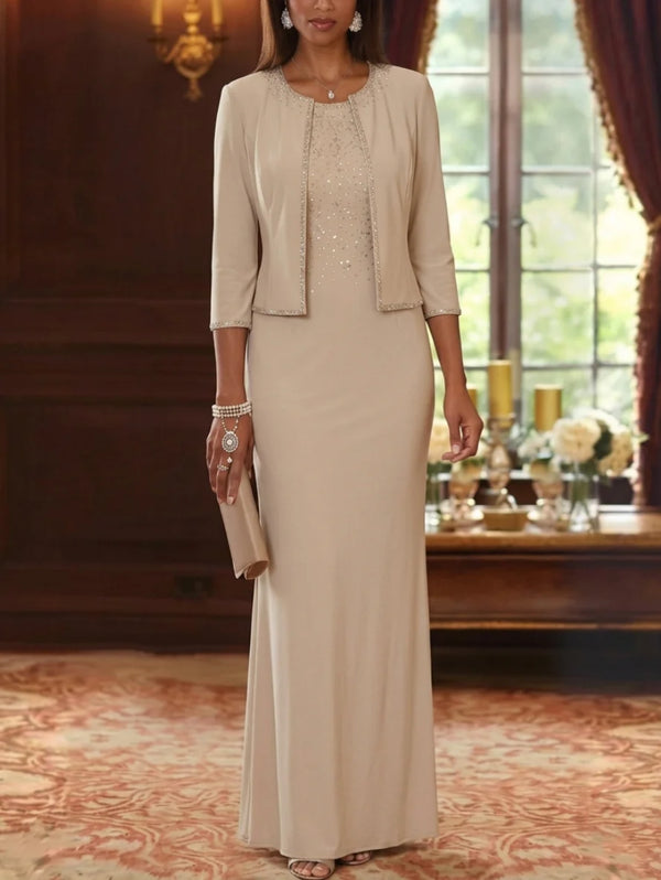 Sheath/Column Scoop Elastic Chiffon Mother of the Bride Dresses with Jacket Hot-Fix 3/4 Sleeves Floor-Length