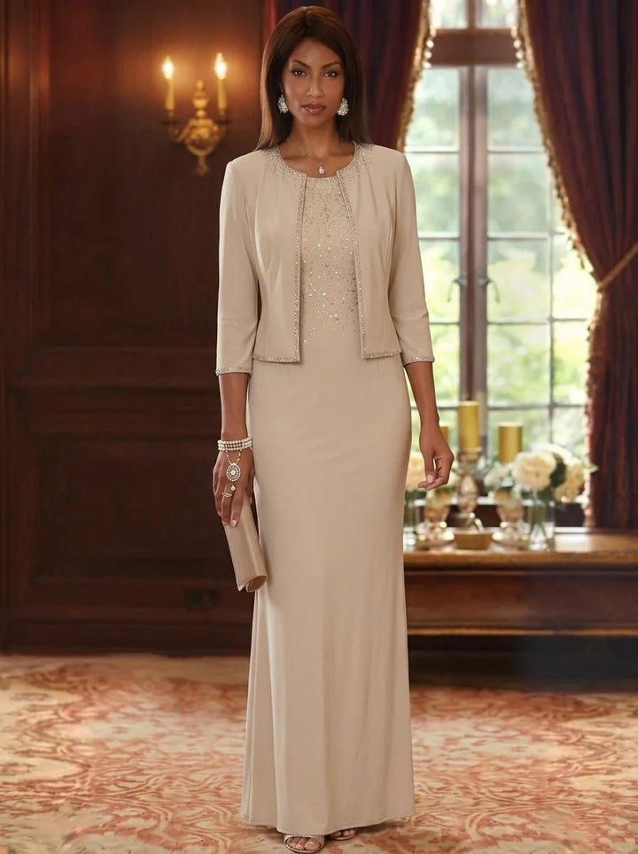 Sheath/Column Scoop Elastic Chiffon Mother of the Bride Dresses with Jacket Hot-Fix 3/4 Sleeves Floor-Length