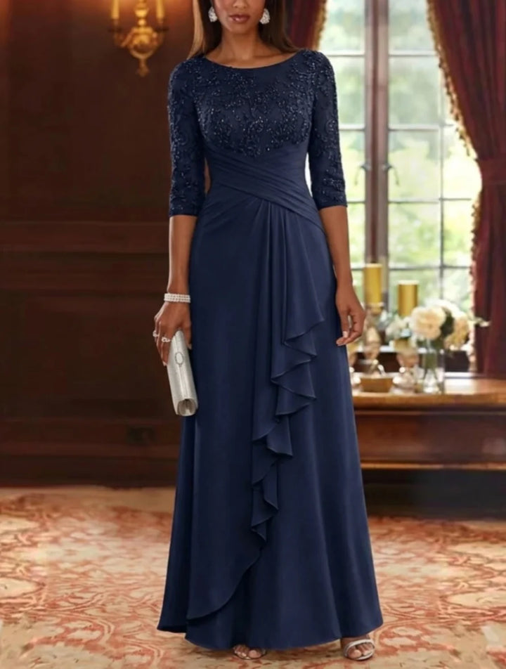 A-Line/Princess Scoop Chiffon Mother of the Bride Dresses Lace Sequins 3/4 Sleeves Ruffles Floor-Length