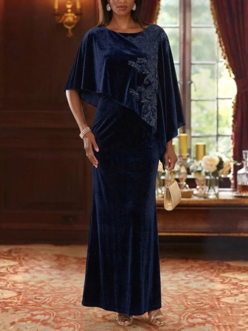 Sheath/Column Scoop Velvet Mother of the Bride Dresses Lace Sequins Cape Sleeves Ankle-Length