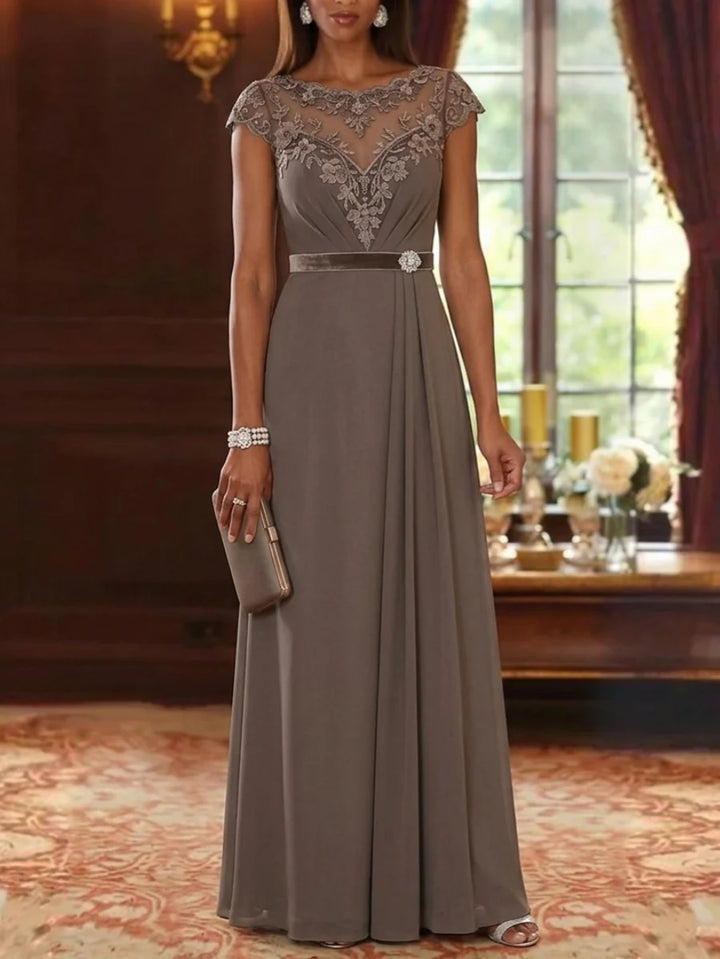 A-Line/Princess Scoop Chiffon Mother of the Bride Dresses Lace Cap Sleeves Floor-Length Ruffles