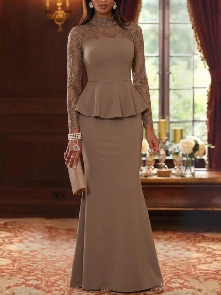 Trumpet/Mermaid Mock Neck Stretch Satin Mother of the Bride Dresses Lace Floor-Length Long Sleeves Ruffles