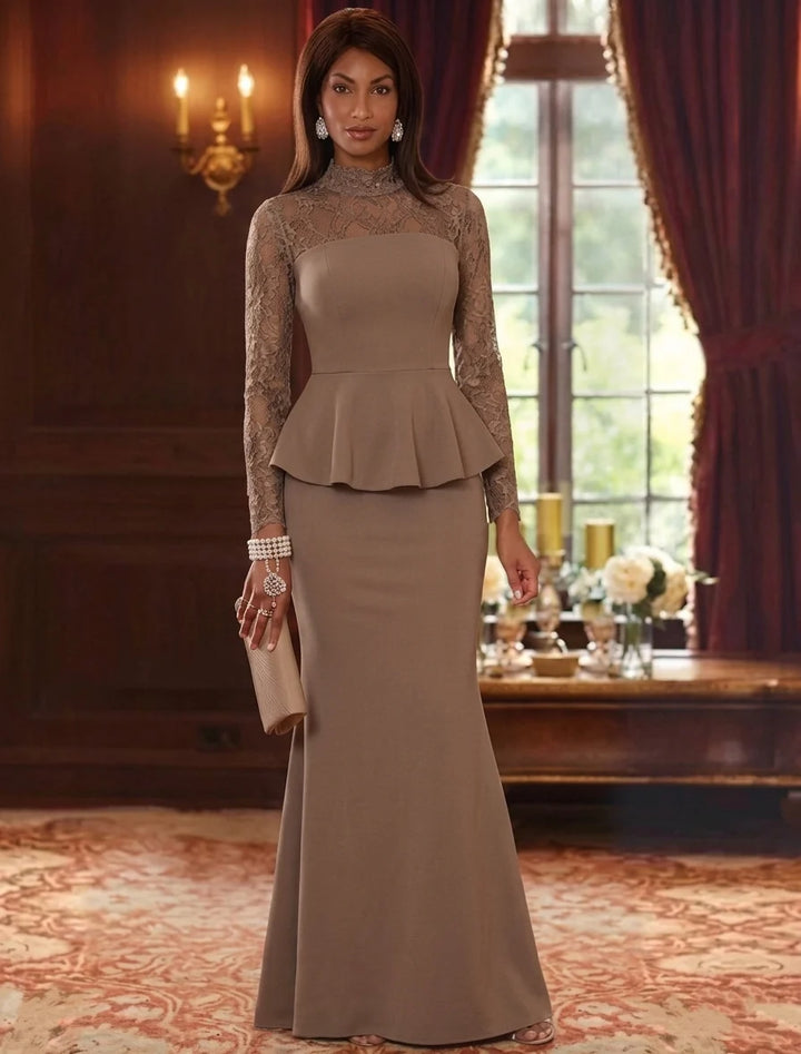Trumpet/Mermaid Mock Neck Stretch Satin Mother of the Bride Dresses Lace Floor-Length Long Sleeves Ruffles