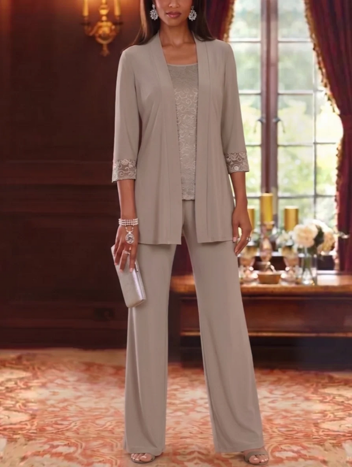 3 Pieces Scoop Chiffon Mother of the Bride Pantsuits with Jacket Lace 3/4 Sleeves Floor-Length
