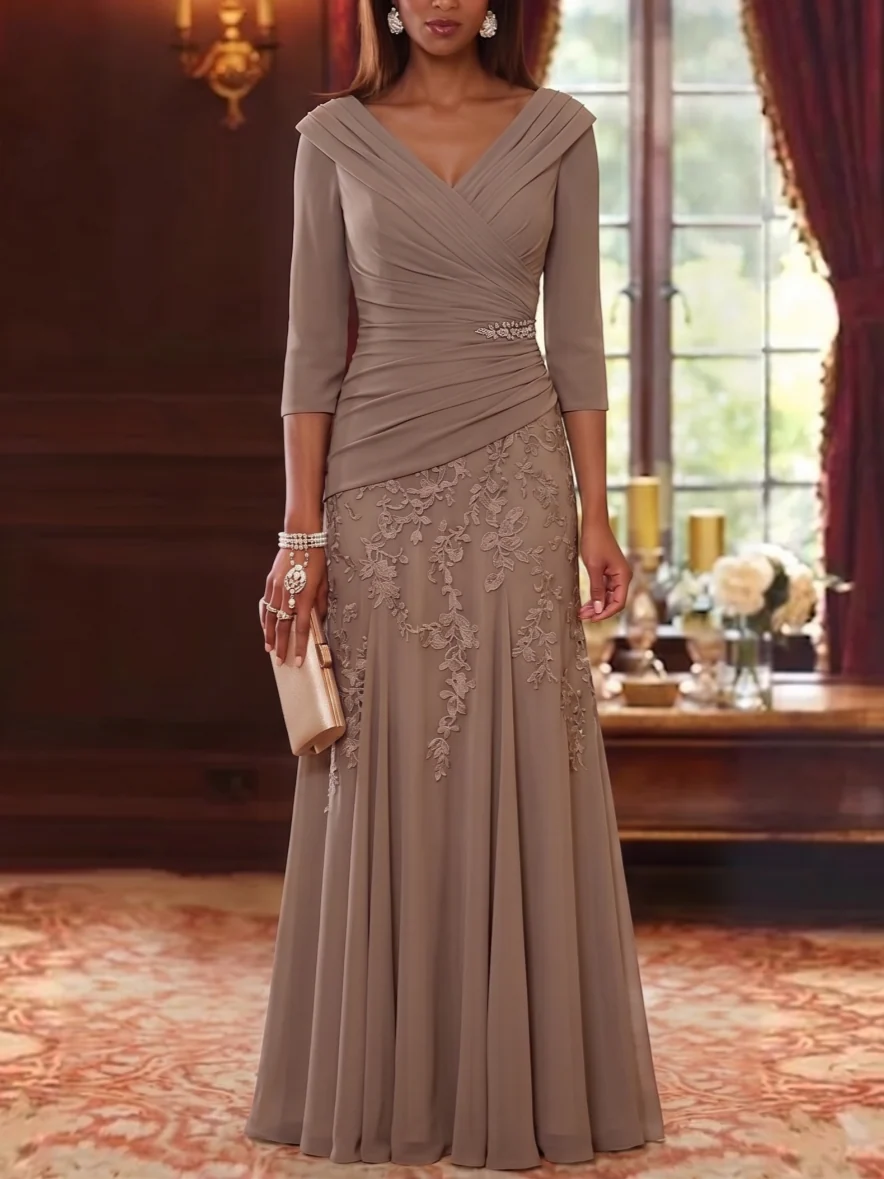 A-Line/Princess V-Neck Chiffon Mother of the Bride Dresses Lace 3/4 Sleeves Floor-Length Ruched