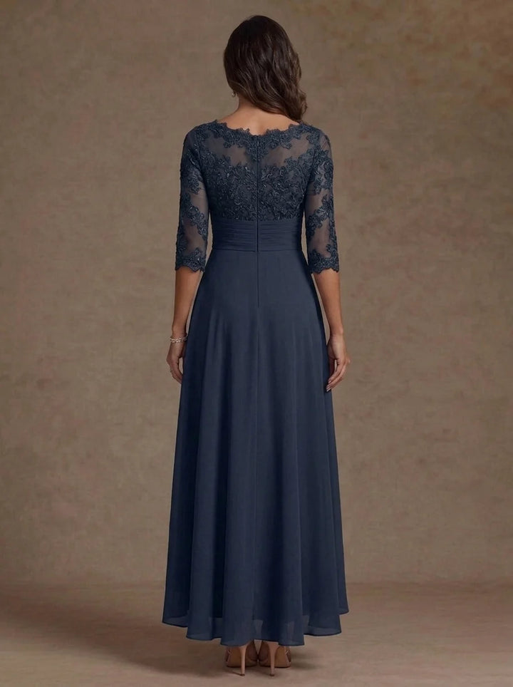 A-Line/Princess Scoop Chiffon Mother of the Bride Dresses Lace Ruffles Asymmetrical Ankle-Length 3/4 Sleeves