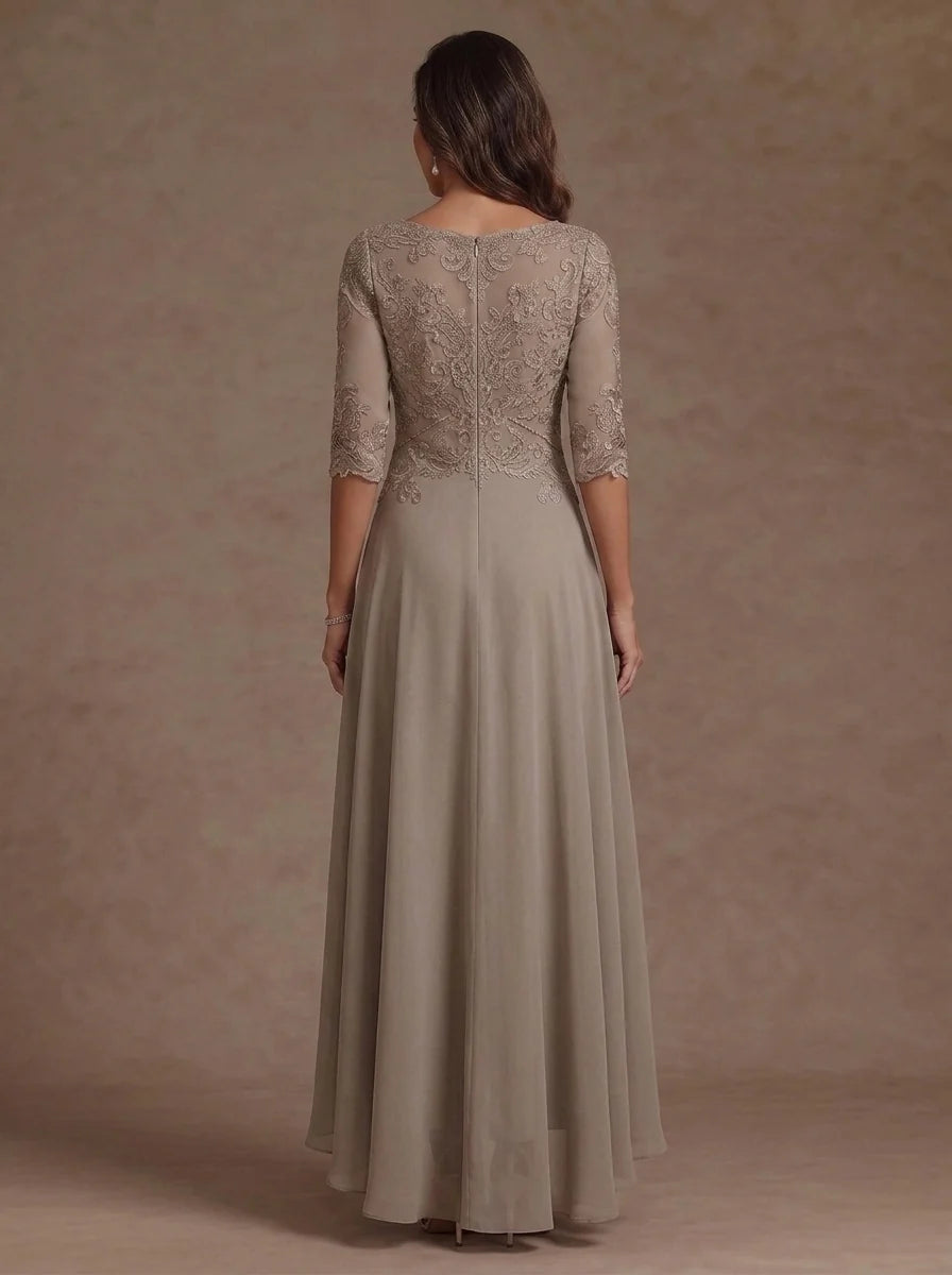 A-Line/Princess Scoop Chiffon Mother of the Bride Dresses Lace Asymmetrical Ankle-Length 3/4 Sleeves