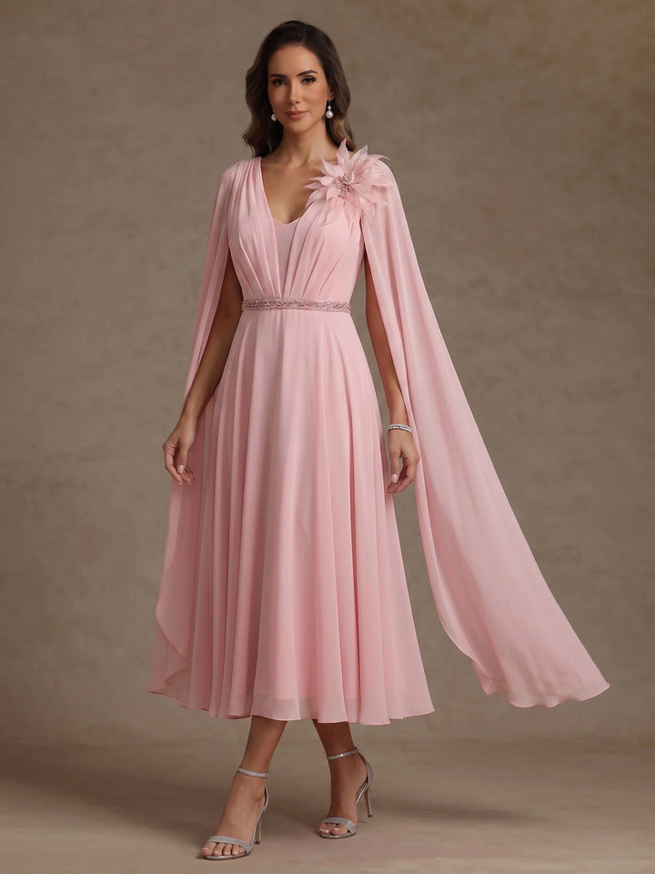 A-Line/Princess V-Neck Chiffon Mother of the Bride Dresses with 3D Flower Tea-Length Cape Sleeves