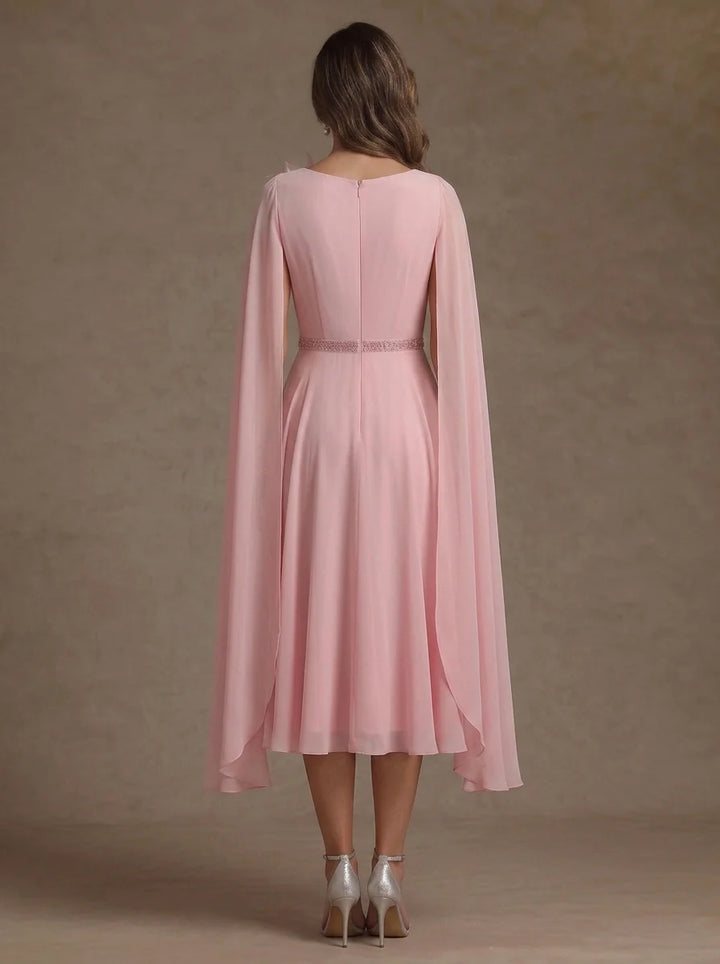 A-Line/Princess V-Neck Chiffon Mother of the Bride Dresses with 3D Flower Tea-Length Cape Sleeves