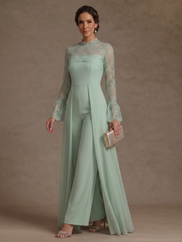 Jumpsuit Mock Neck Chiffon Mother of the Bride Pantsuits with Overskirt Lace Floor-Length Long Sleeves