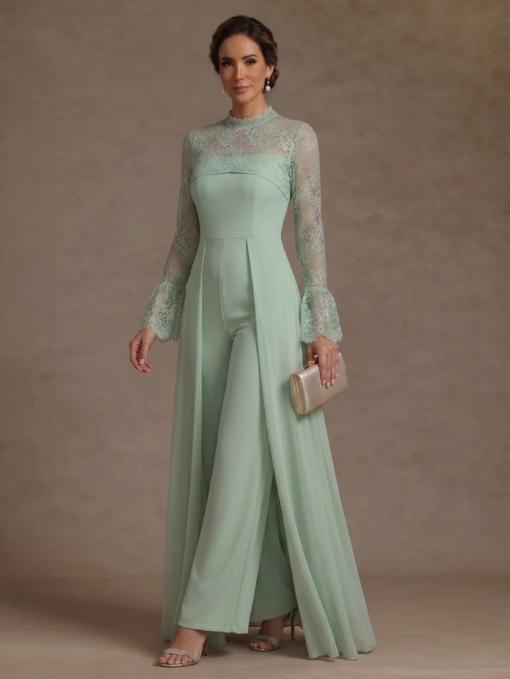 Jumpsuit Mock Neck Chiffon Mother of the Bride Pantsuits with Overskirt Lace Floor-Length Long Sleeves