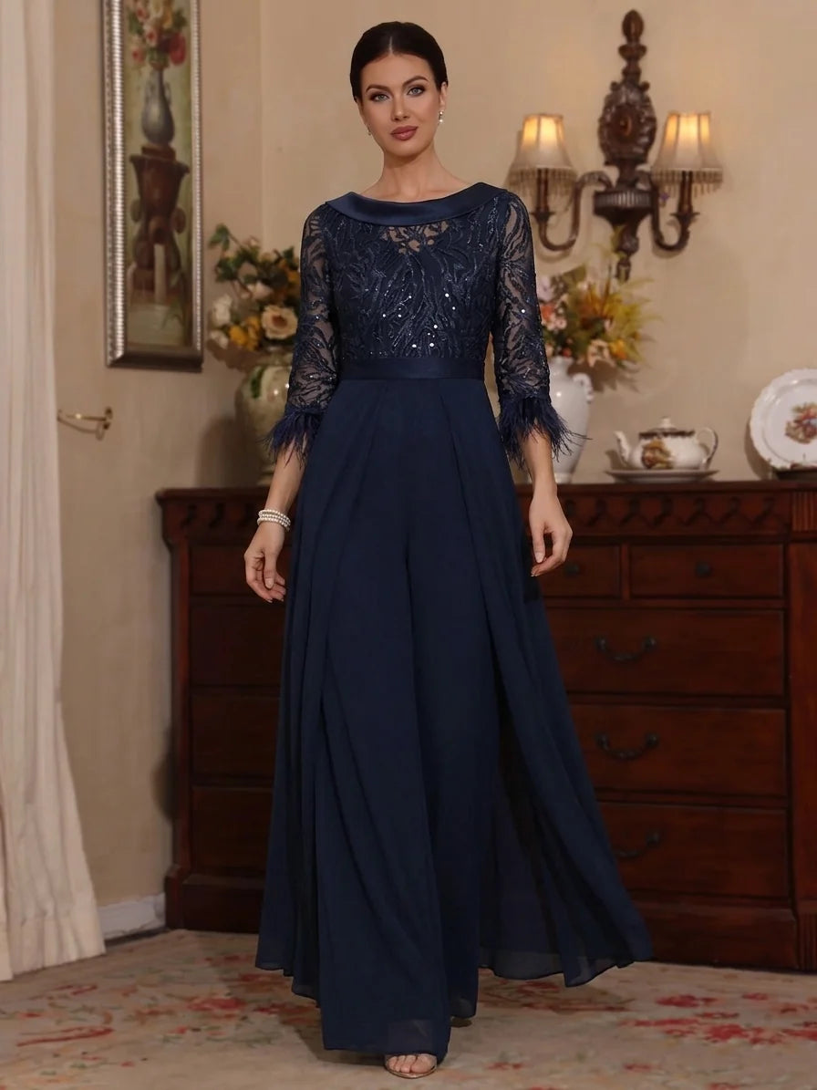 Jumpsuit Jewel Neck Chiffon Mother of the Bride Pantsuits with Overskirt Sequins Floor-Length Feathers 3/4 Sleeves