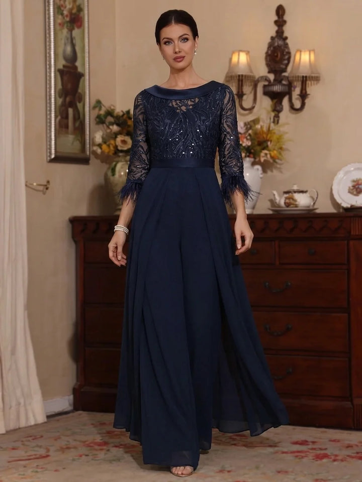 Jumpsuit Jewel Neck Chiffon Mother of the Bride Pantsuits with Overskirt Sequins Floor-Length Feathers 3/4 Sleeves