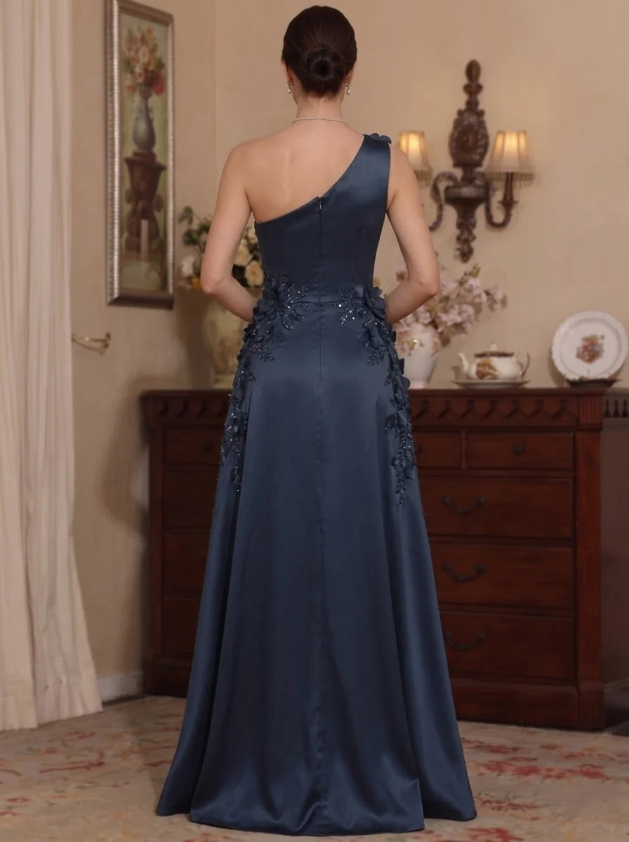 A-Line/Princess One-Shoulder Satin Mother of the Bride Dresses with Overskirt&amp;3D Flowers Floor-Length Split Side Sleeveless