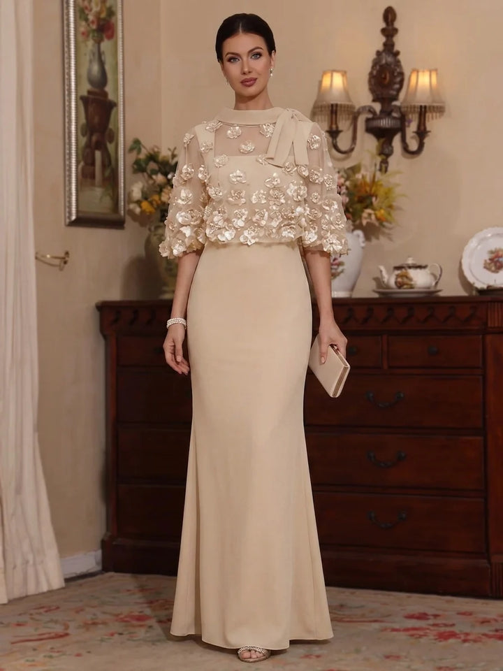 2 Pieces Sheath/Column Scoop Stretch Satin Mother of the Bride Dresses with 3D Flower Floor-Length Cape Sleeves