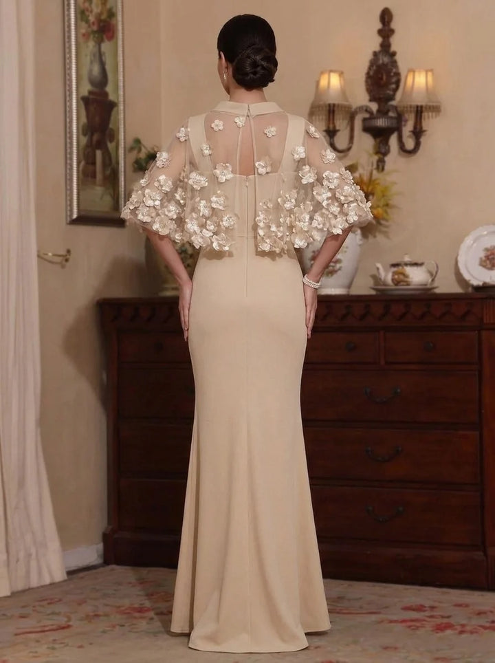 2 Pieces Sheath/Column Scoop Stretch Satin Mother of the Bride Dresses with 3D Flower Floor-Length Cape Sleeves