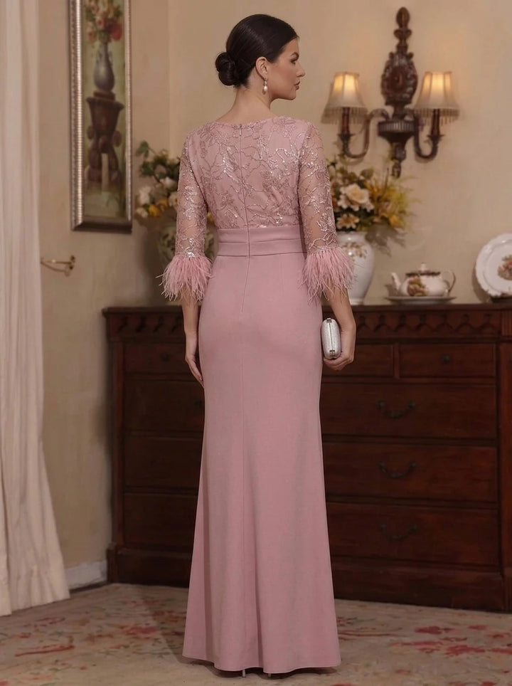Sheath/Column Scoop Chiffon Mother of the Bride Dresses Feathers Floor-Length 3/4 Sleeves Ruffles
