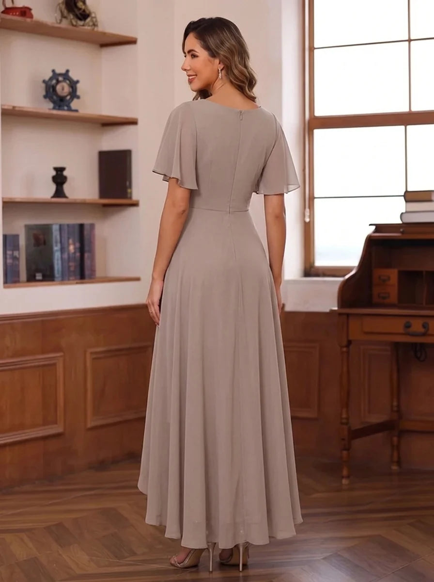 A-Line/Princess V-Neck Chiffon Mother of the Bride Dresses Lace Floral Asymmetrical Ankle-Length Short Sleeves