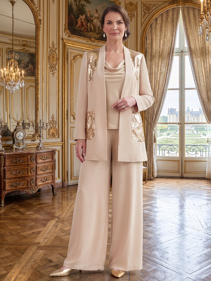 3 Pieces Cowl Neck Chiffon Mother of the Bride Pantsuits Sequins Ankle-Length Long Sleeves&amp;Sleeveless