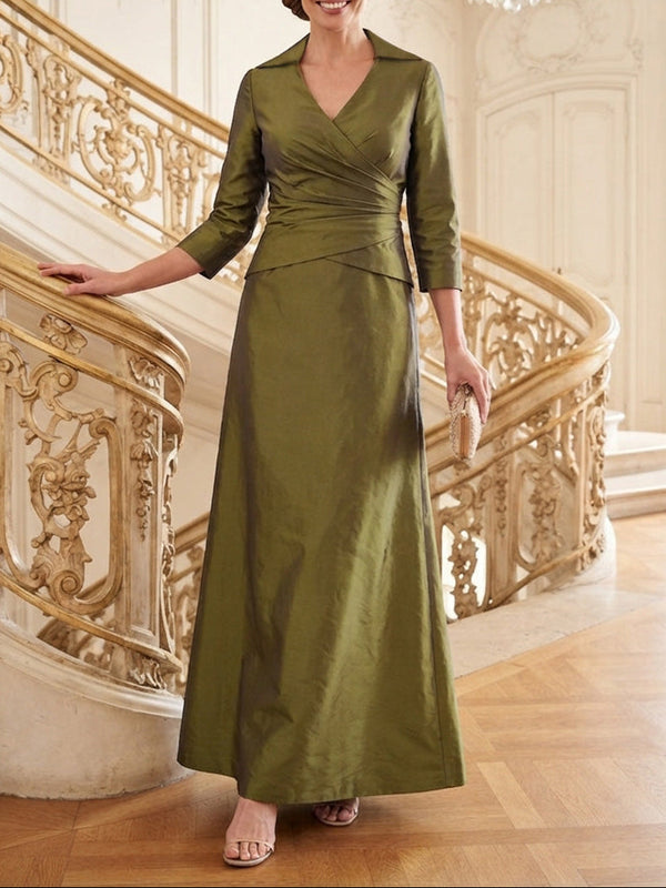 A-Line/Princess V-Neck Taffeta Mother of the Bride Dresses 3/4 Sleeves Ankle-Length Ruched