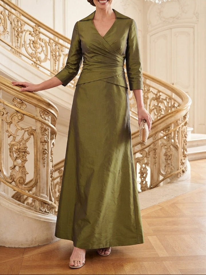 A-Line/Princess V-Neck Taffeta Mother of the Bride Dresses 3/4 Sleeves Ankle-Length Ruched